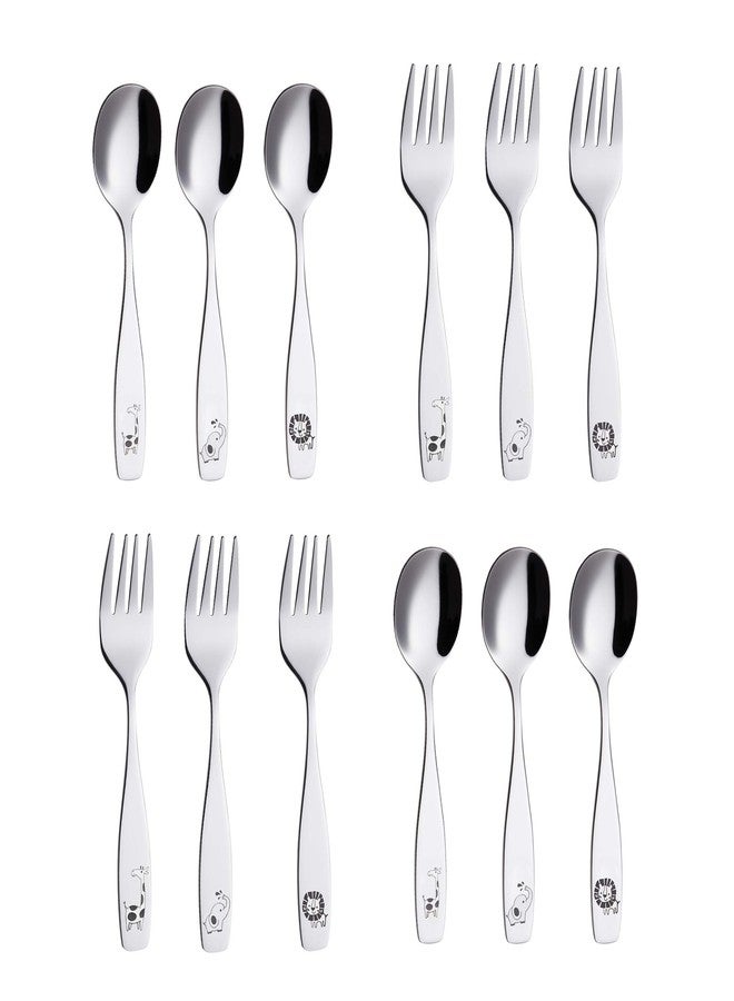 ANNOVA Kids Silverware 12 Pieces Children's Safe Flatware Set Stainless Steel - 6 x Children Forks, 6 x Dinner Spoons, Toddler Utensils, for Lunchbox (Safari Animals Etched Elephant, Giraffe, Lion) - Image 2